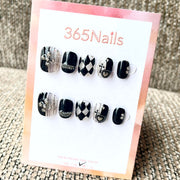 365nails: "Midnight Punk" – 3D Rhinestone & Harlequin Handmade Short Square Nails
