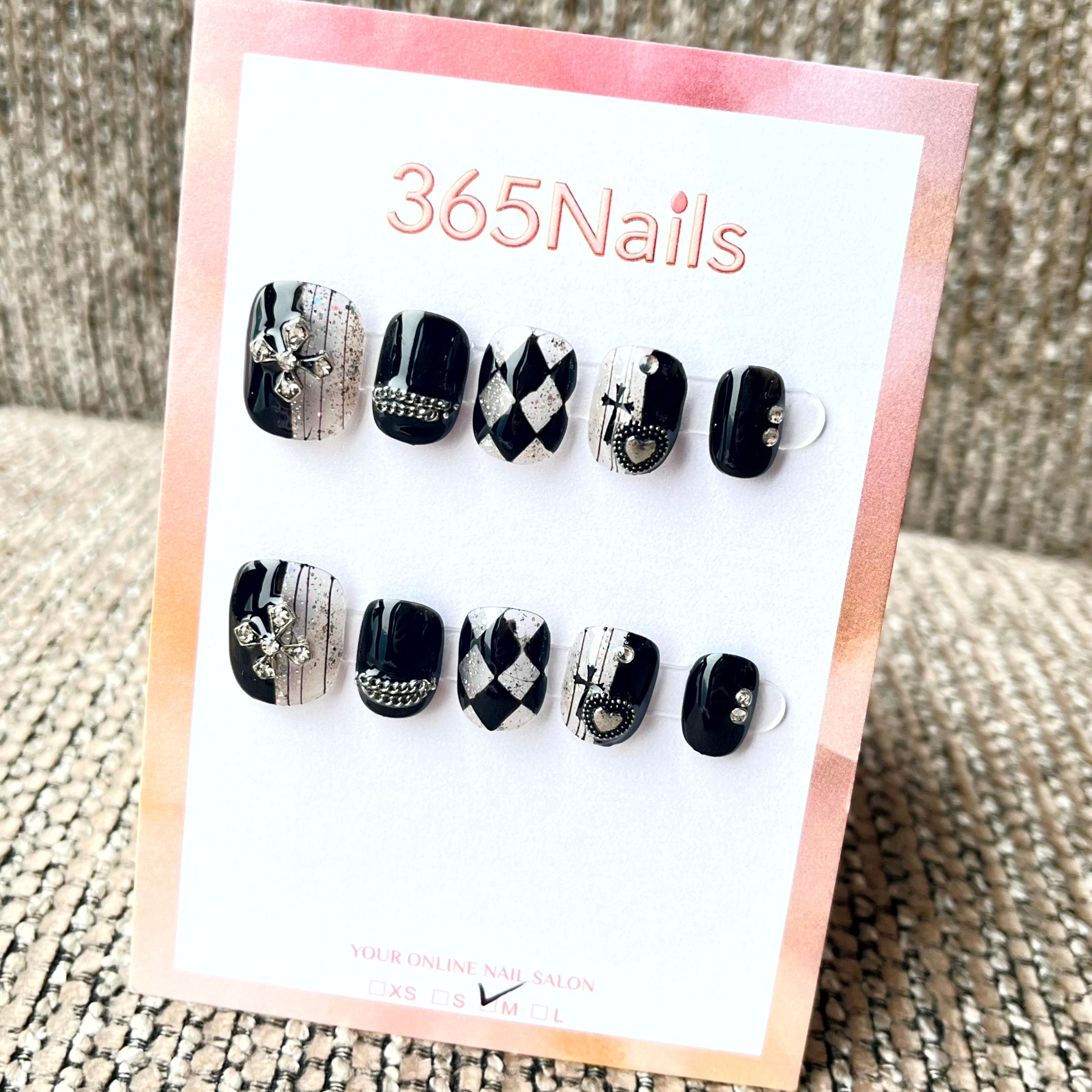 365nails: "Midnight Punk" – 3D Rhinestone & Harlequin Handmade Short Square Nails