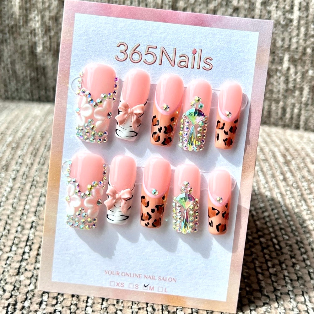 365nails: "Blush Leopard & Sparkle" – Handmade Medium Square Press-On Nails