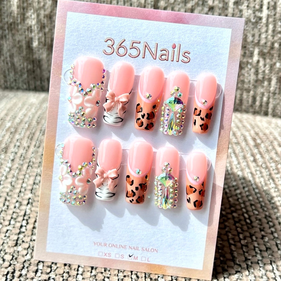 365nails: "Blush Leopard & Sparkle" – Handmade Medium Square Press-On Nails