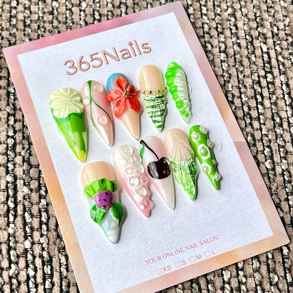365nails: "Lush Garden Cherry" – 3D Floral & Fruit Handmade Long Stiletto Press On Nails