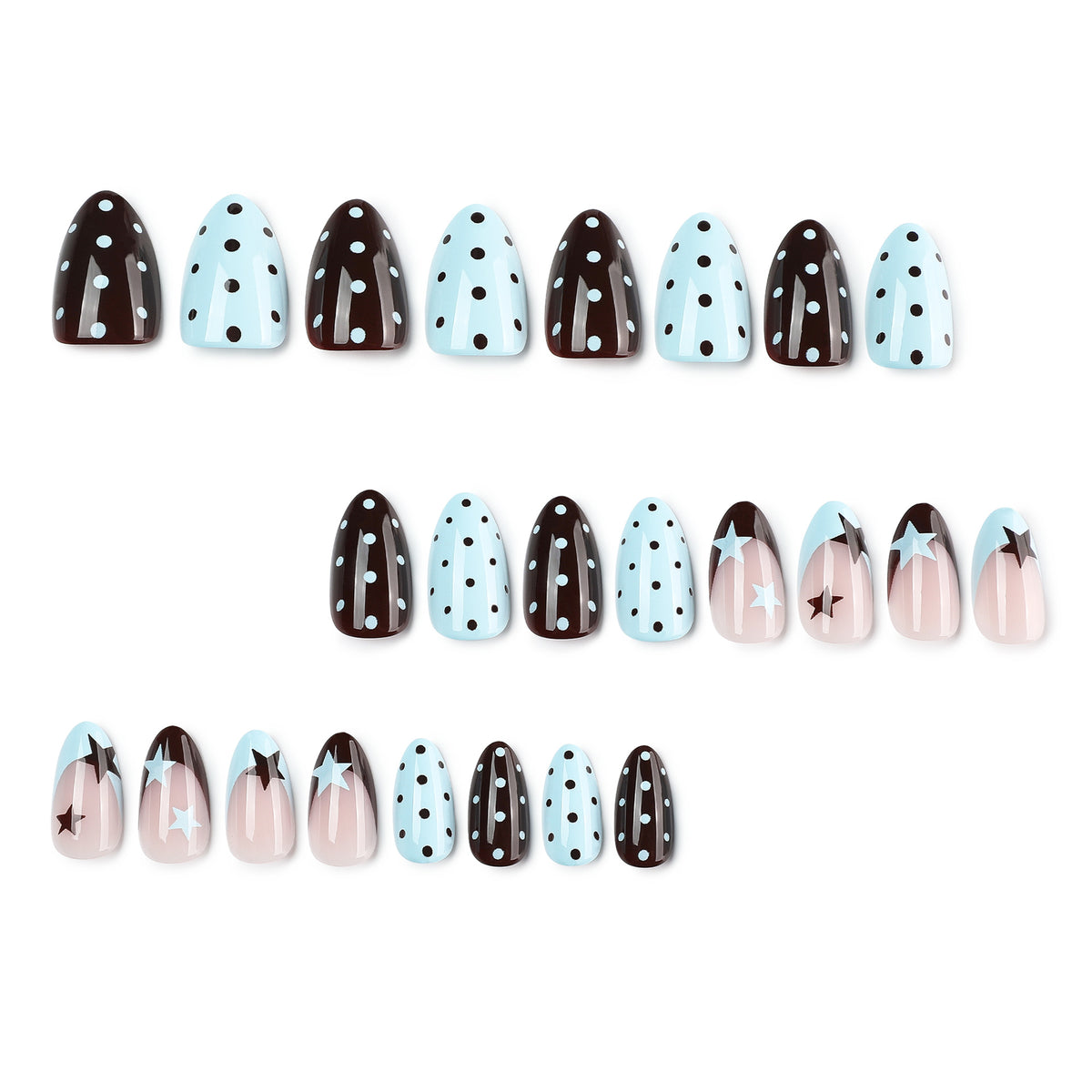 Product display of brown, light blue and nude press-on nails with polka dots and stars