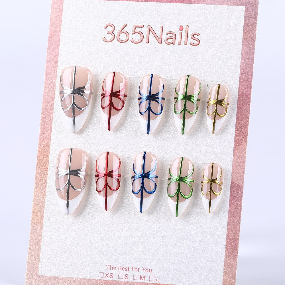 Multicolored ribbon bow French almond Press On Nail