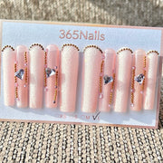 365nails: "Pink Glitter Heart Long" – Handmade Long Trapezoid Press-On Nails