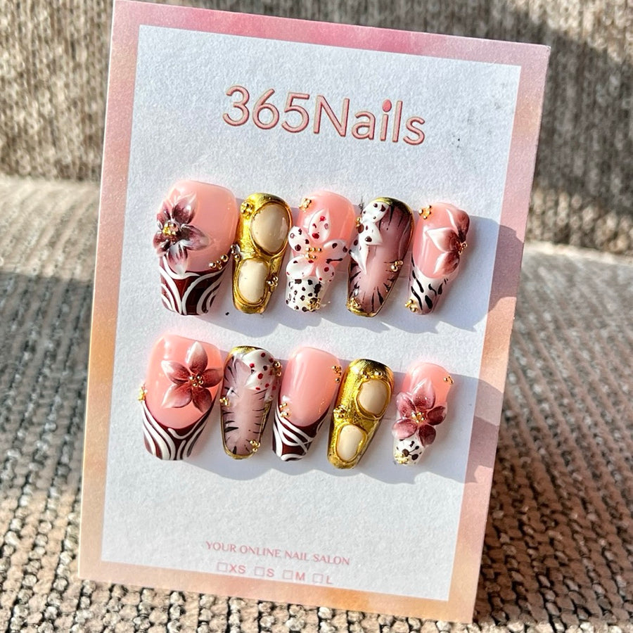 365nails: "Pink Floral Leopard" – Handmade Medium Square Press-On Nails