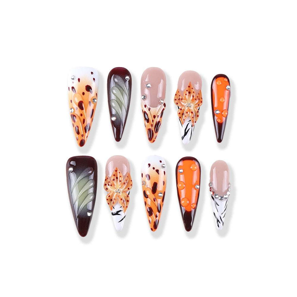 Autumn Orange Butterfly Wing Leopard Print Rhinestone-Embellished Long Pointed Toe Hand-Painted Press On Nail