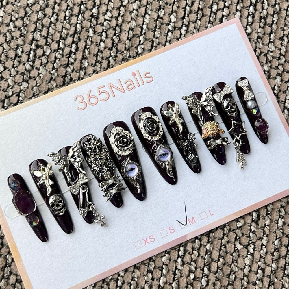 365nails: "Gothic Burgundy Rose Skull" – handmade press-on nails
