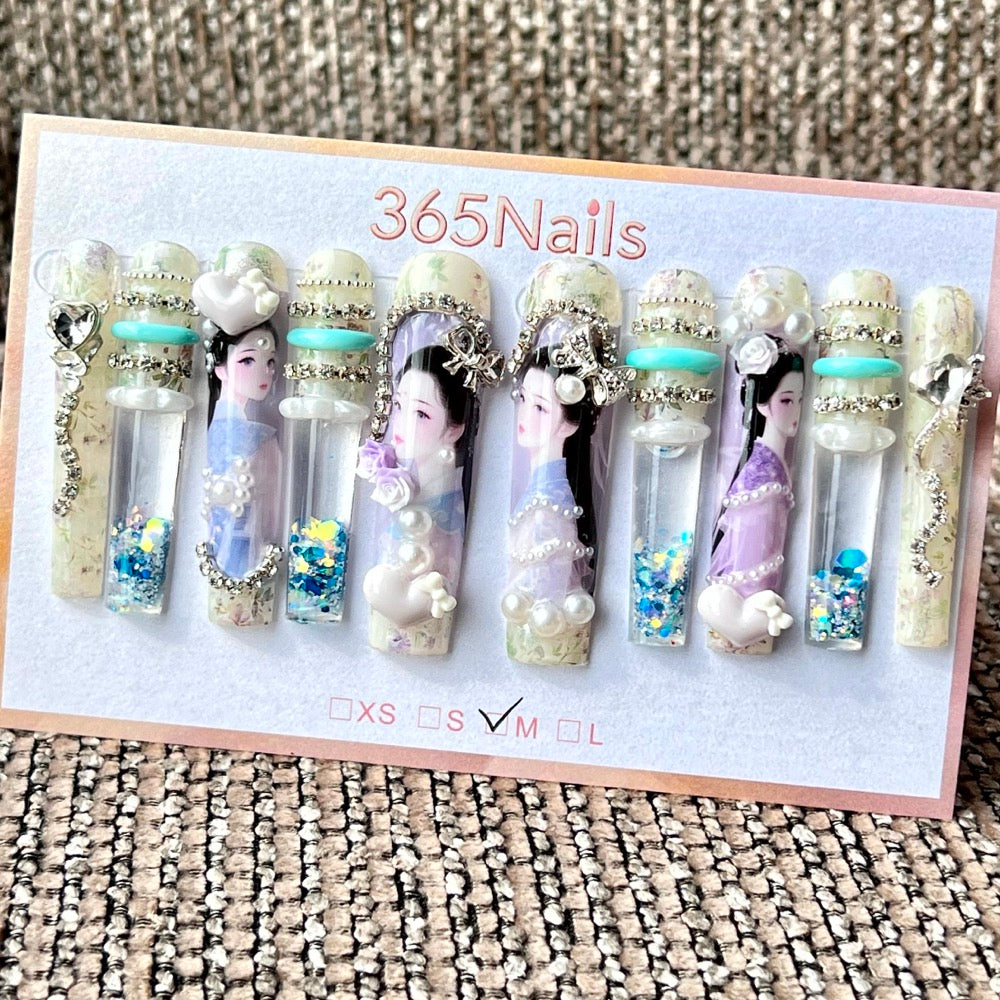 365nails: "Pastel Hanfu Maiden" – Handmade Liquid Motion Press-On Long Pipe Nails-5.5cm