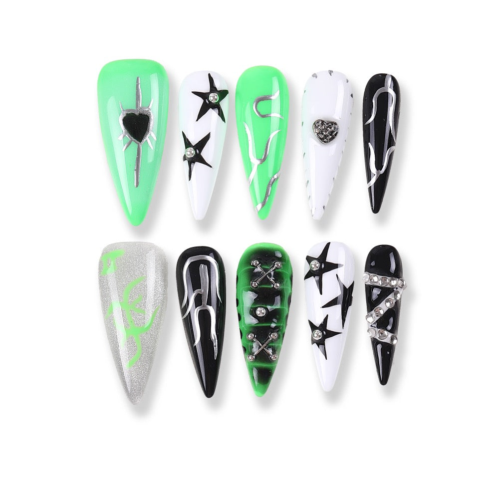 365Nails Cyber Neon Press-On Nails in Lime Green, Black and White with Stars, Studs and Metal Lines