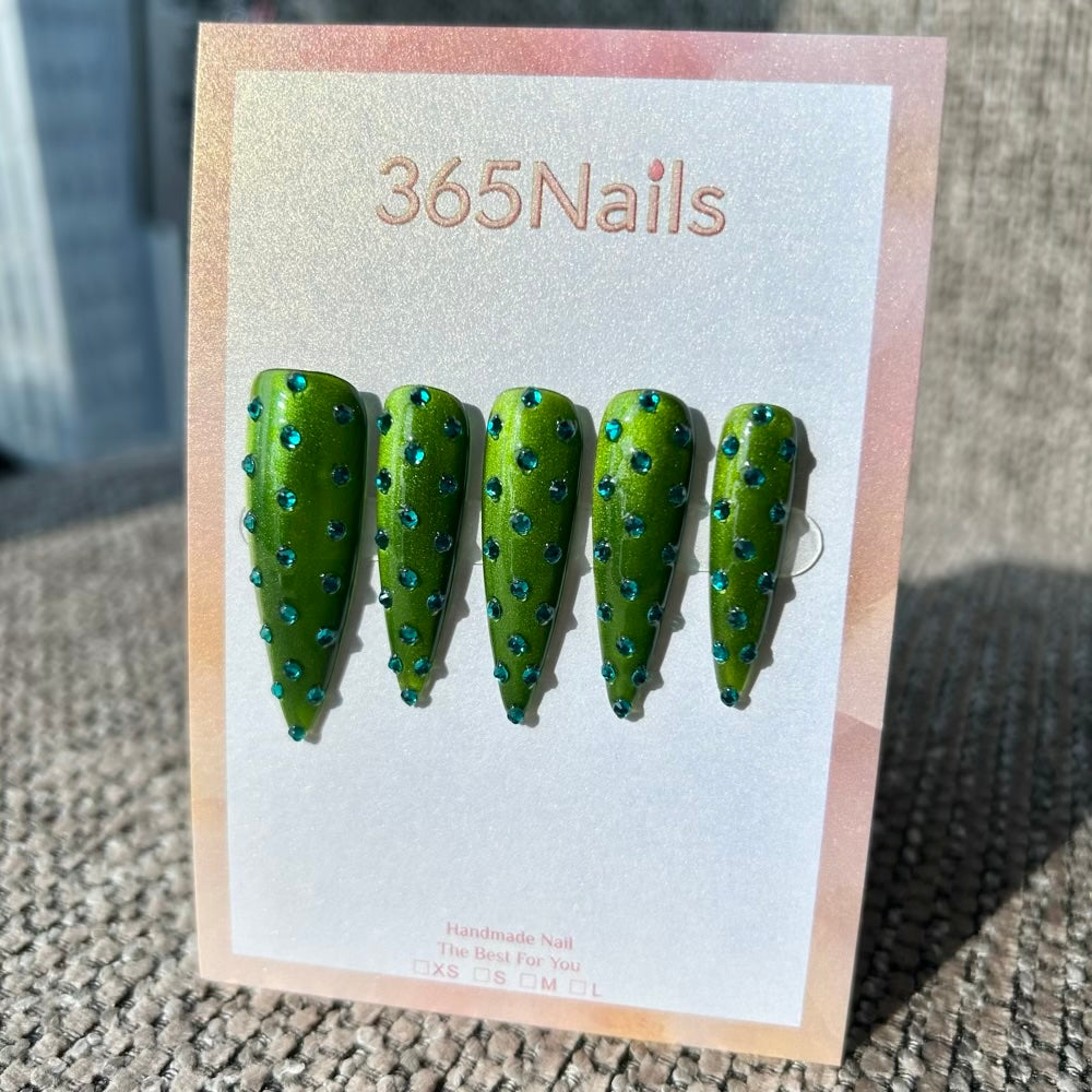 Emerald Galaxy Studded Press On Nails｜Green Stiletto with Teal Crystals | Crystal Armor Series