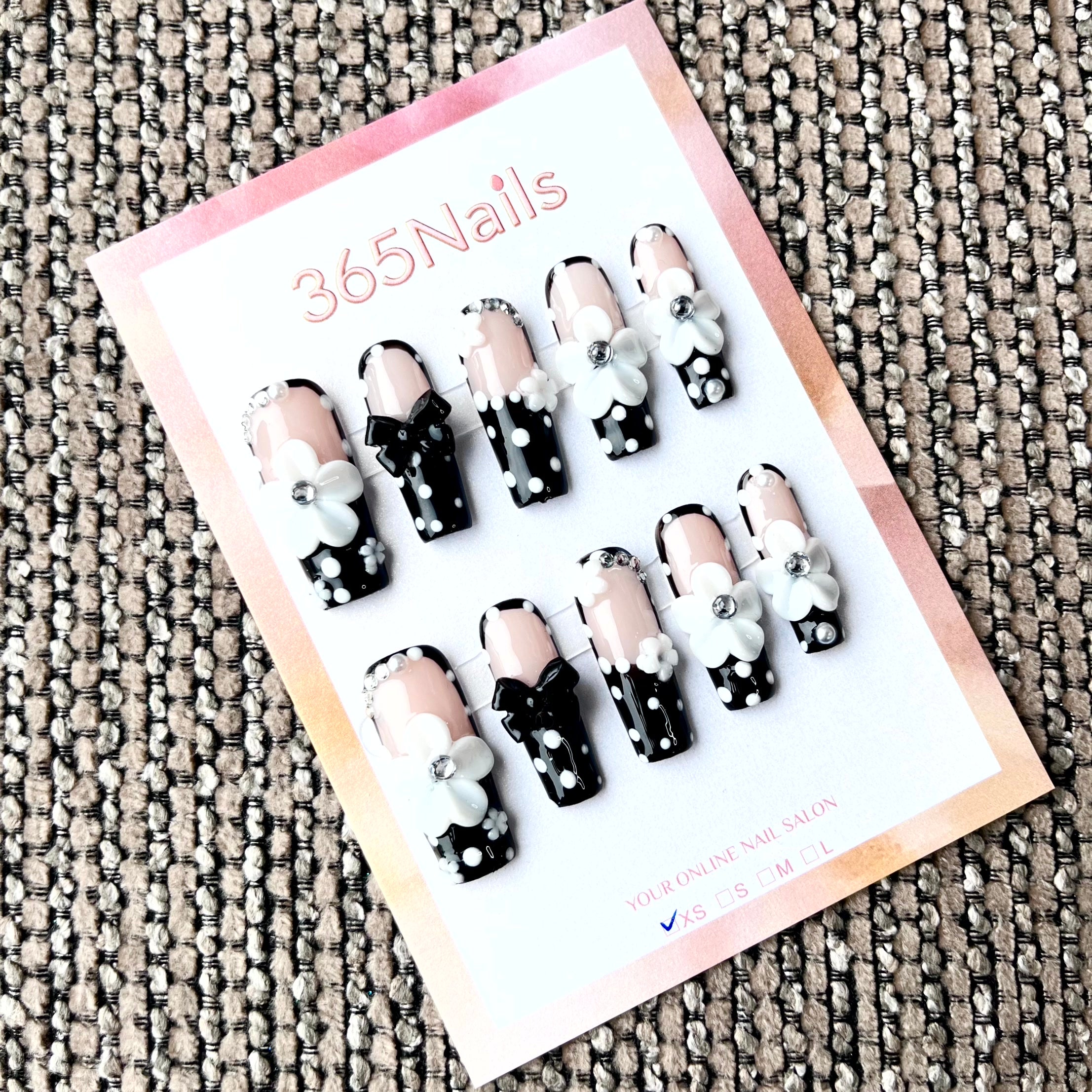 Chic Bloom: "White Flower Bow Polka Dot" – Long Coffin Press-on Nails