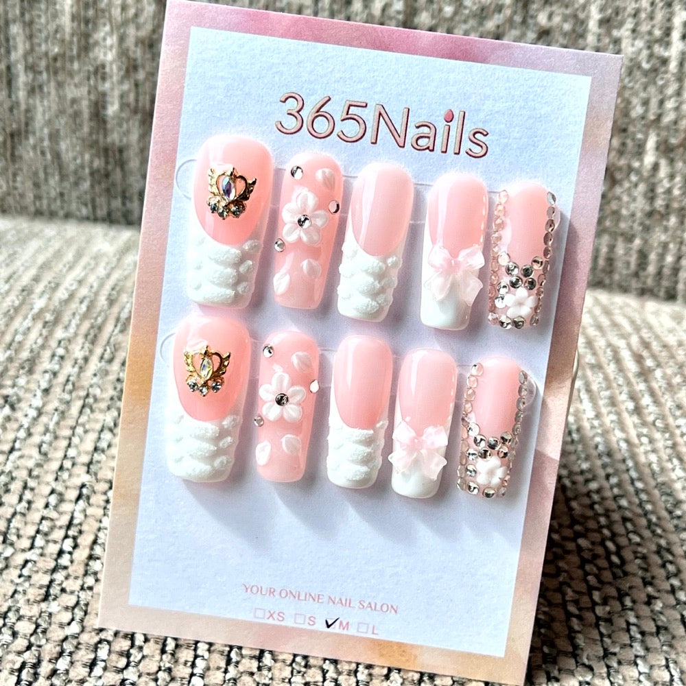 365nails: "Blush French Royalty" – Handmade Medium Square Press-On Nails