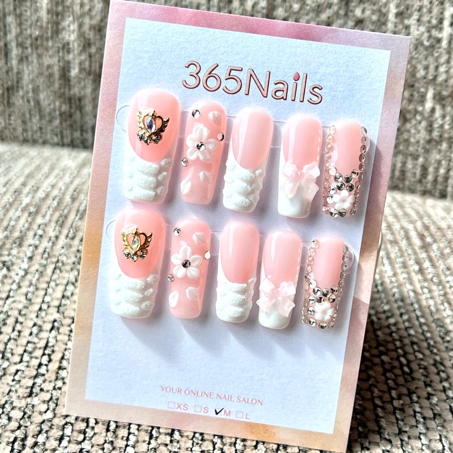 365nails: "Blush French Royalty" – Handmade Medium Square Press-On Nails