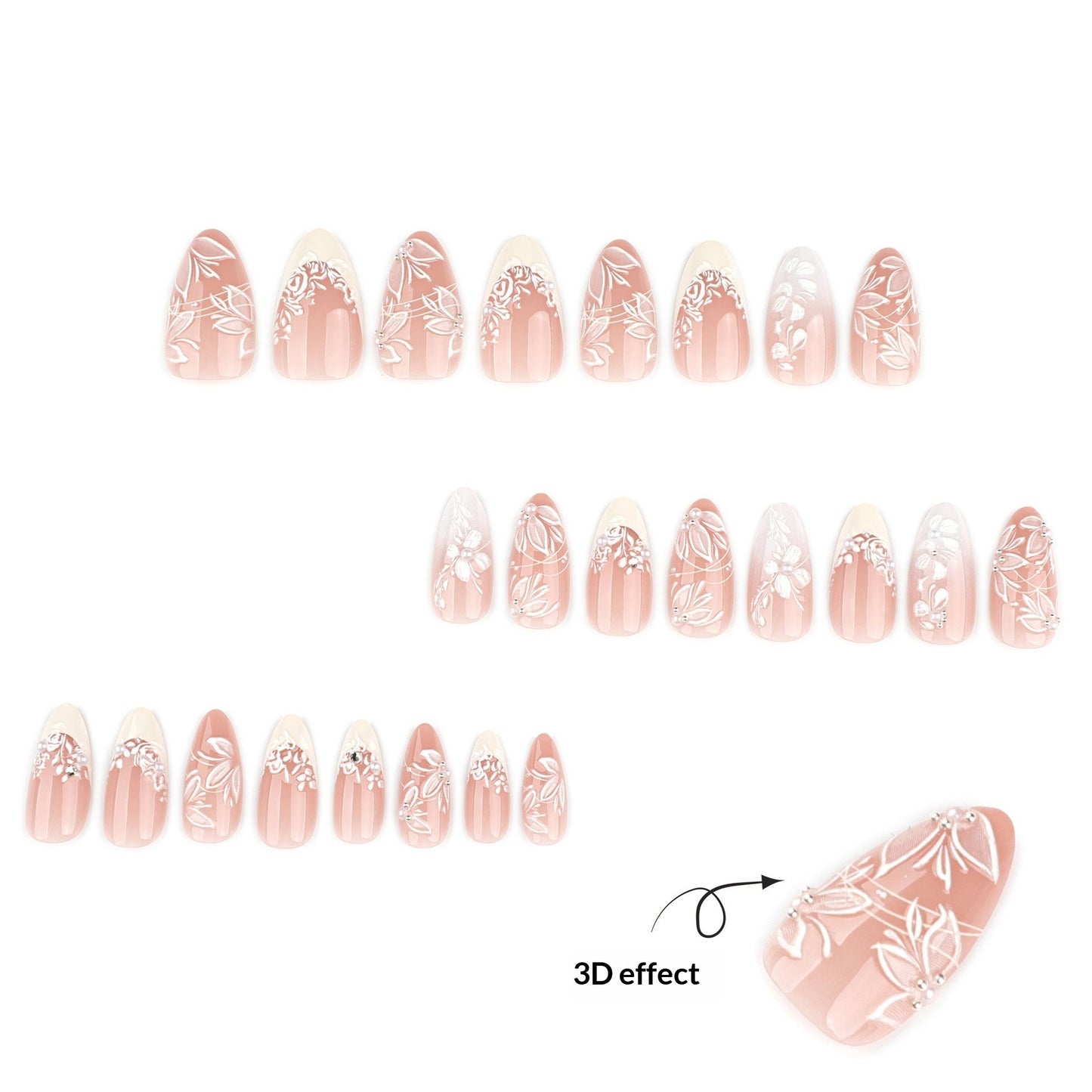 White Floral Embossed Sheer Pink Press On Nails