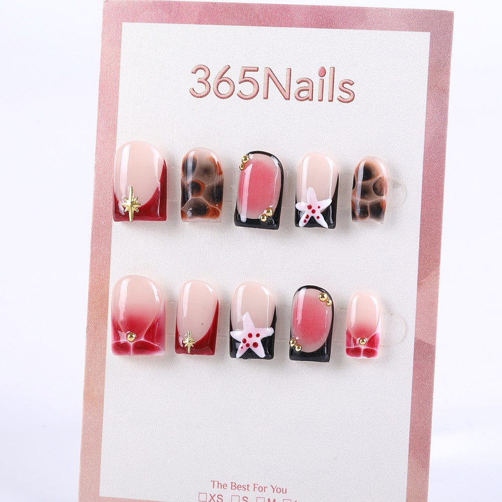 Short Red and Nude Press-On Nails with 3D White Flowers and Gold Accents