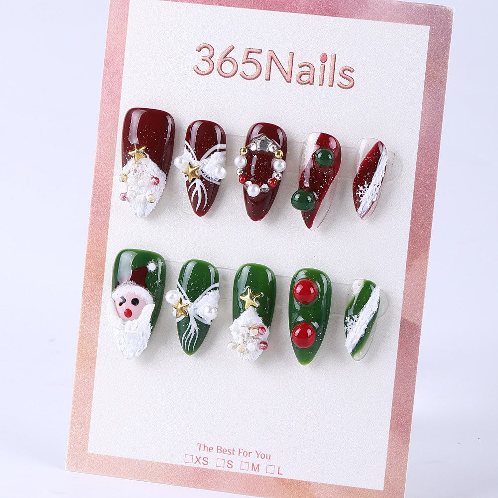 Christmas red and green medium almond hand-painted snow scene with Santa Claus press on nails