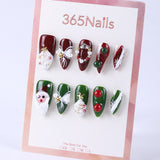 Christmas red and green medium almond hand-painted snow scene with Santa Claus press on nails