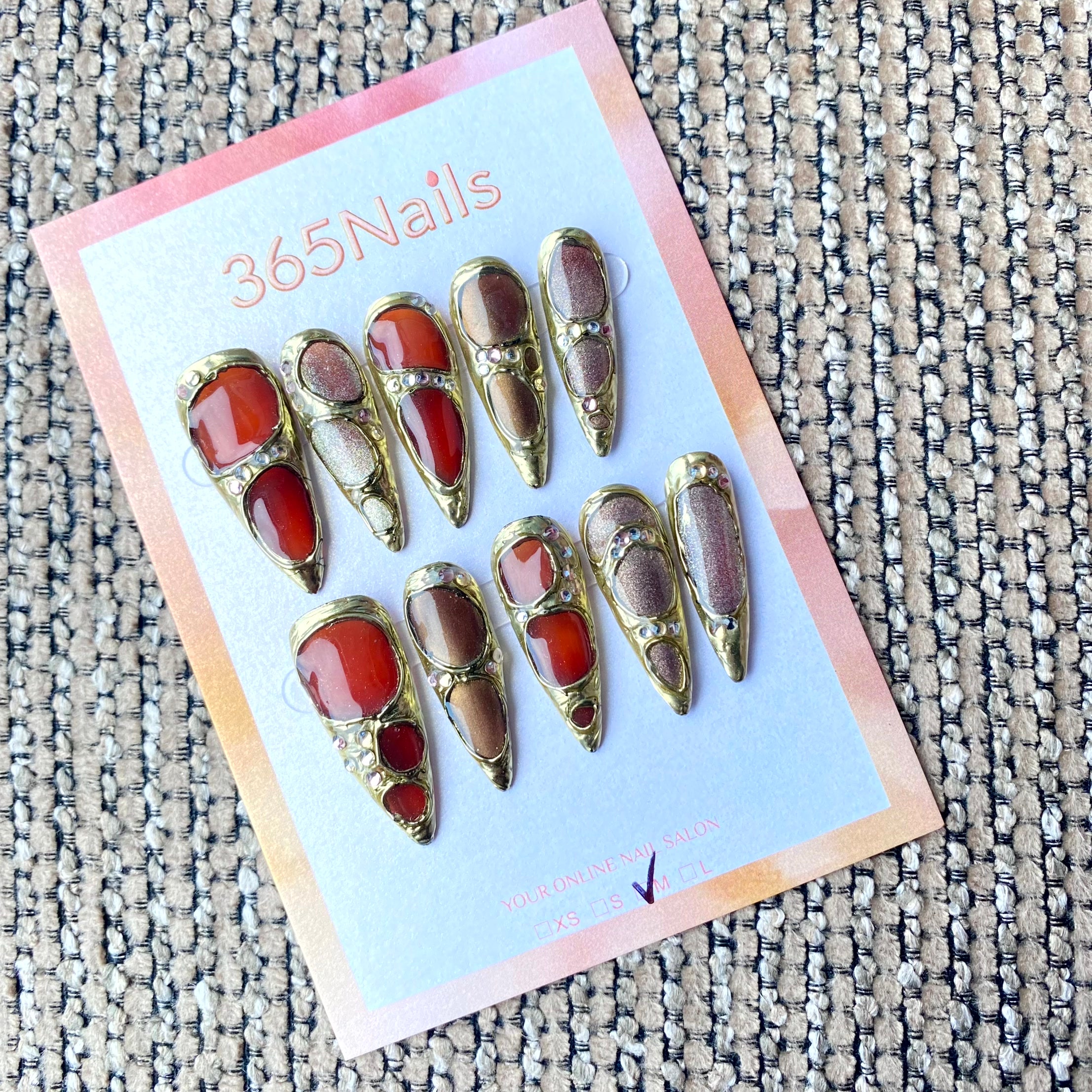 365nails: "Antique Golden Relic" – Gem Inlay Handmade Stiletto Nails