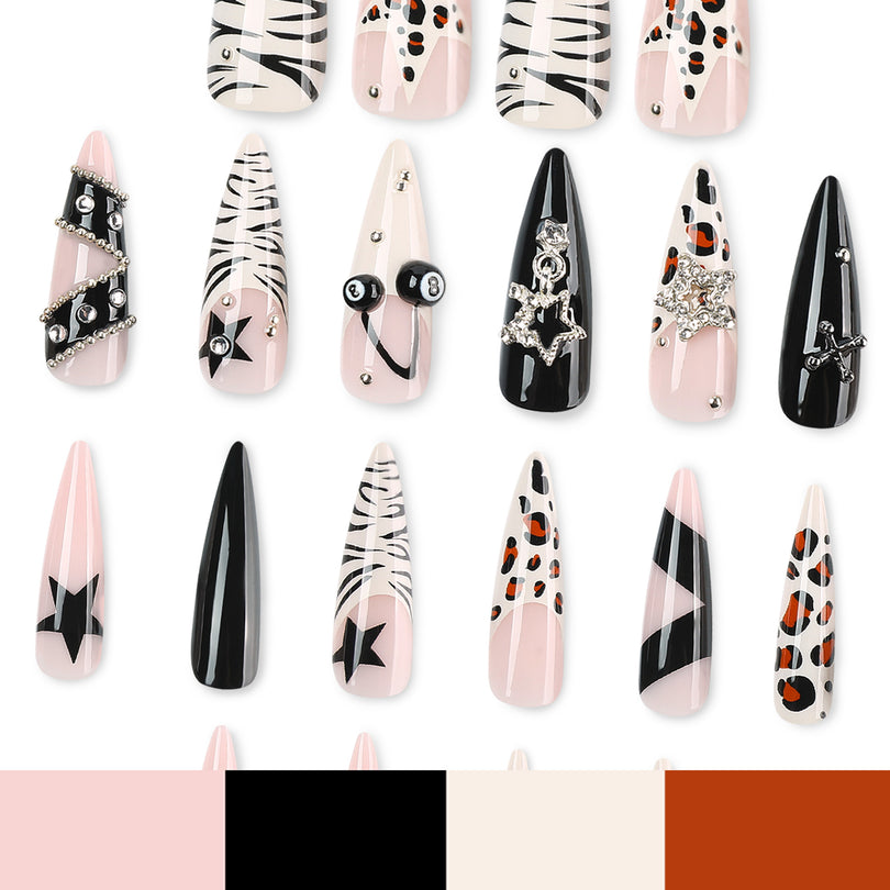 Press-on nail designs with charms and color swatches at the bottom.
