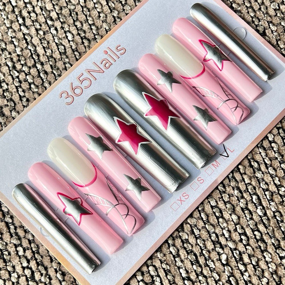 365nails: "Pink Silver Star Long" – Handmade Long Trapezoid Press-On Nails