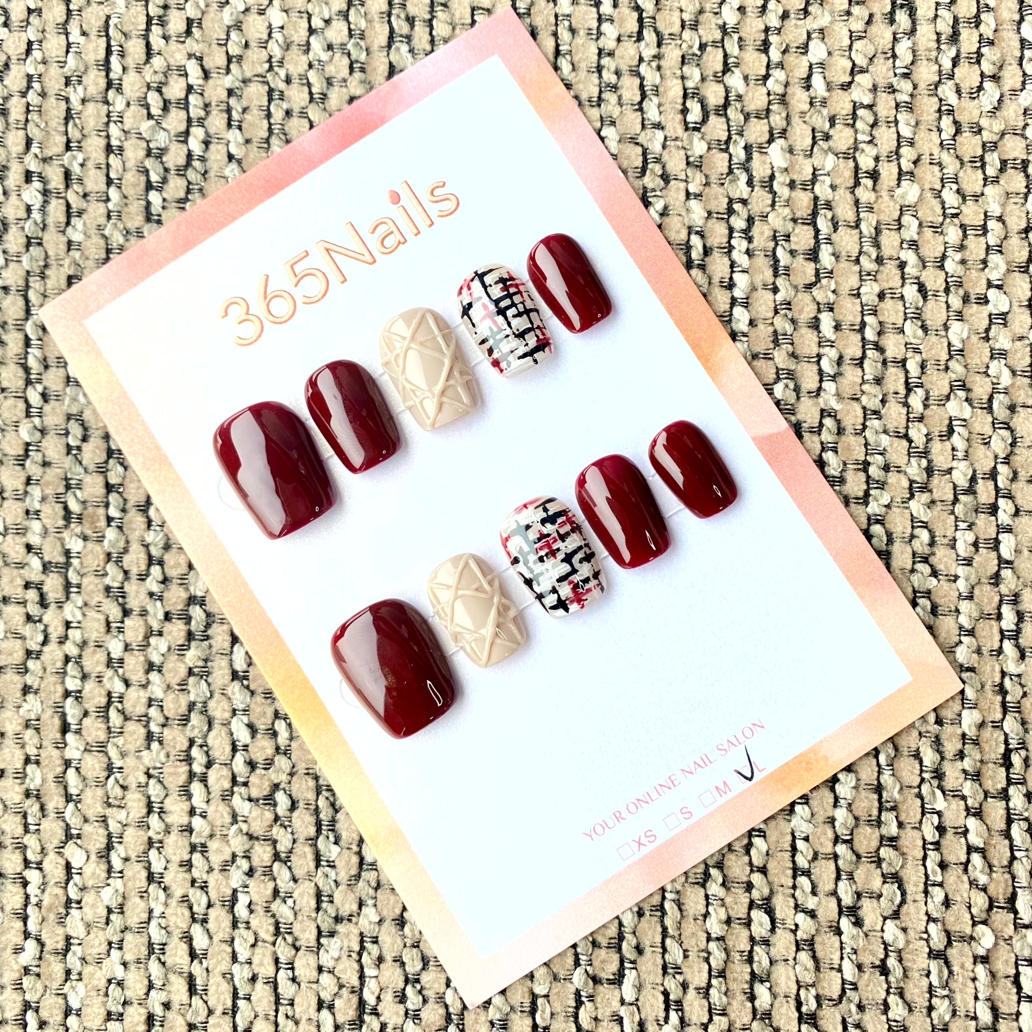 365nails: "Cozy Winter Tweed" – Burgundy & 3D Cable Knit Sweater Handmade Squoval Nails