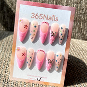 365nails 盛開蝴蝶 — 3D立體花卉亮粉手工製尖形甲片