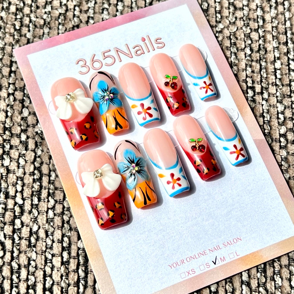 365nails: "Summer Picnic Garden" – Handmade Medium Square Press-On Nails