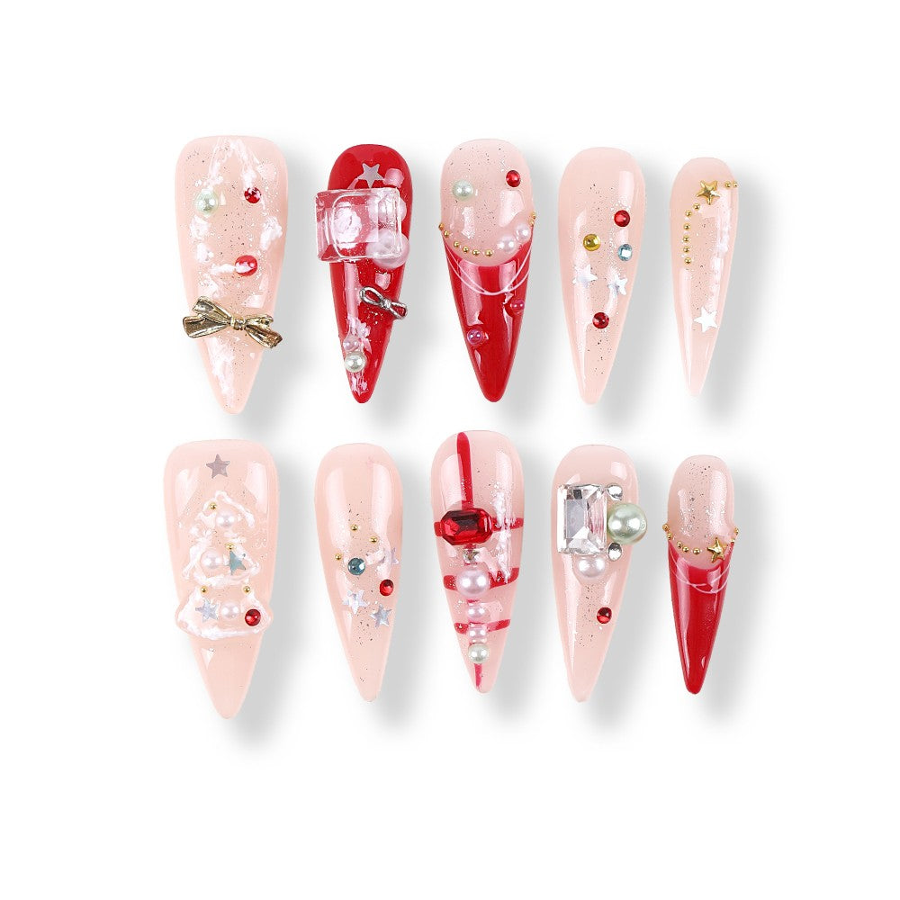 365Nails Gift Bow & Bauble Nude-Red Long Almond Set