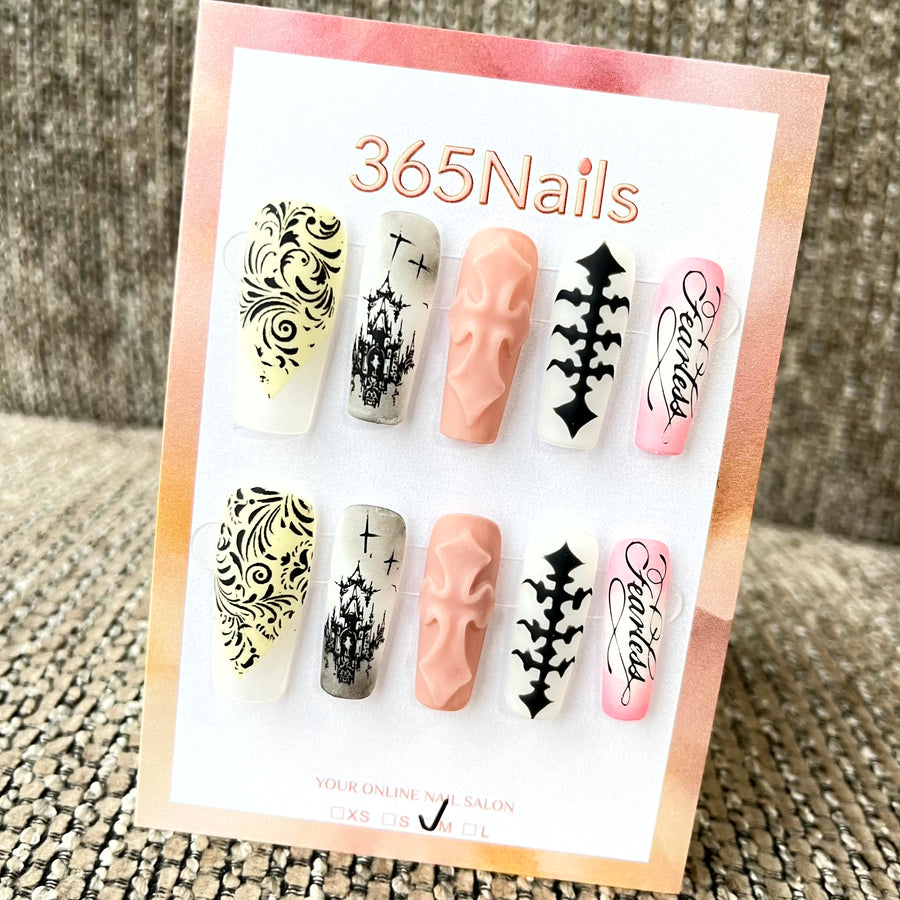 고딕 믹스: "다크 판타지" – 롱 코핀형 프레스온 네일｜365nails