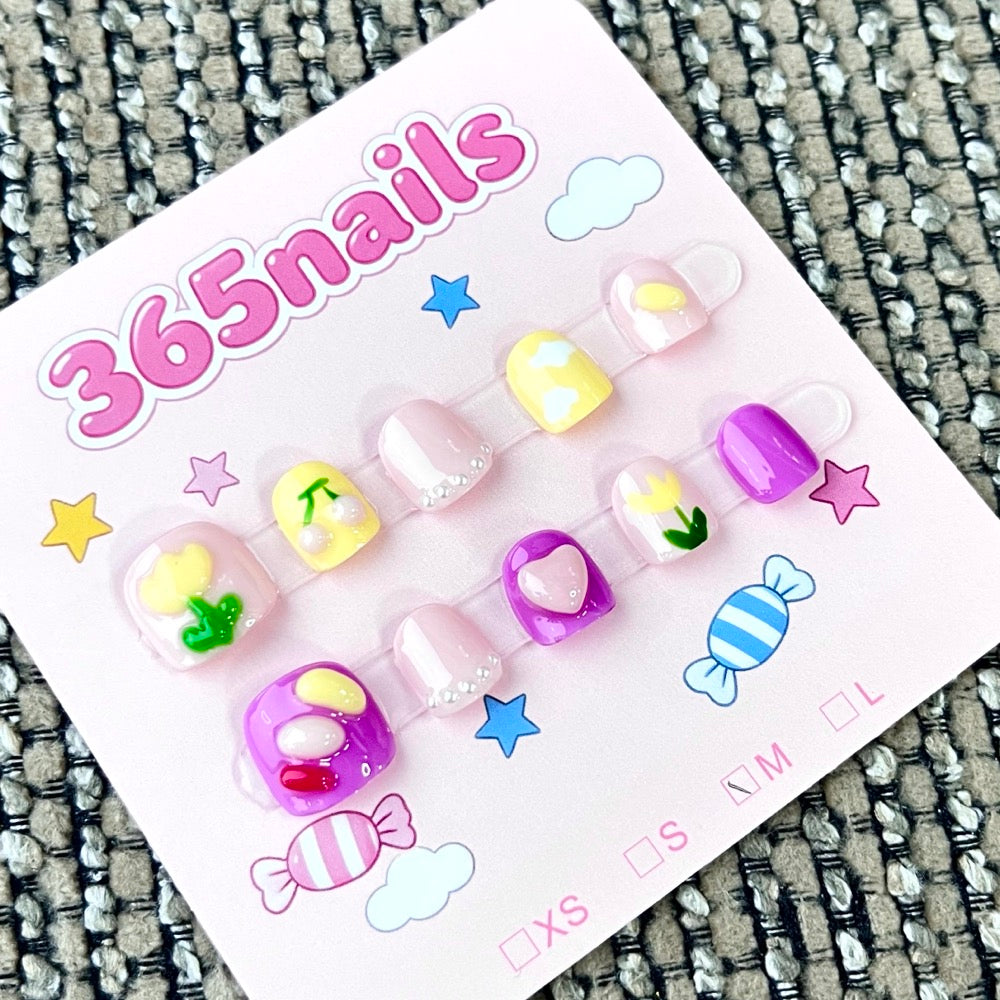 365nails: "Spring Bloom" – 3D Floral & Heart Handmade Short Square Nails