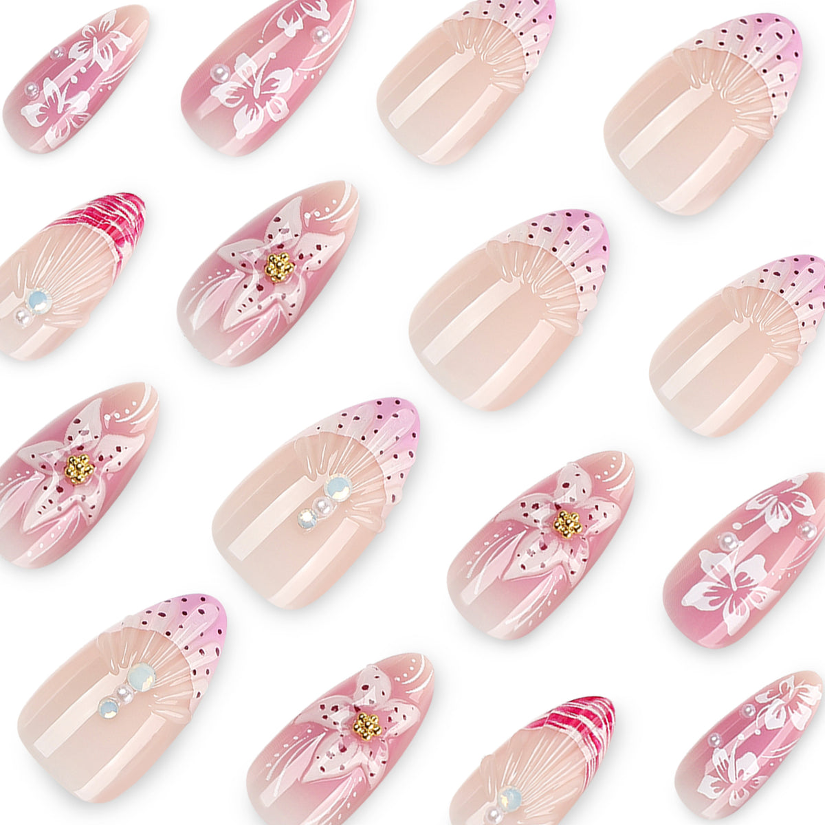 Close-up assortment of pink floral 3D press-on nail tips