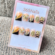 365nails: "Champagne Black French Gold Butterfly Rhinestone" – Luxury Metal Charm Handmade Medium