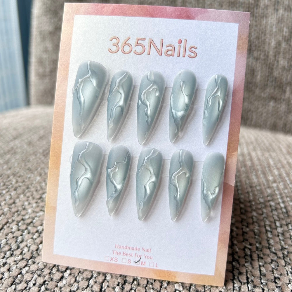 Femme Fatale: "Silver Mist" – Frosted Foggy Blue-Grey Base with 3D Liquid Chrome Lines Long Stiletto Nails