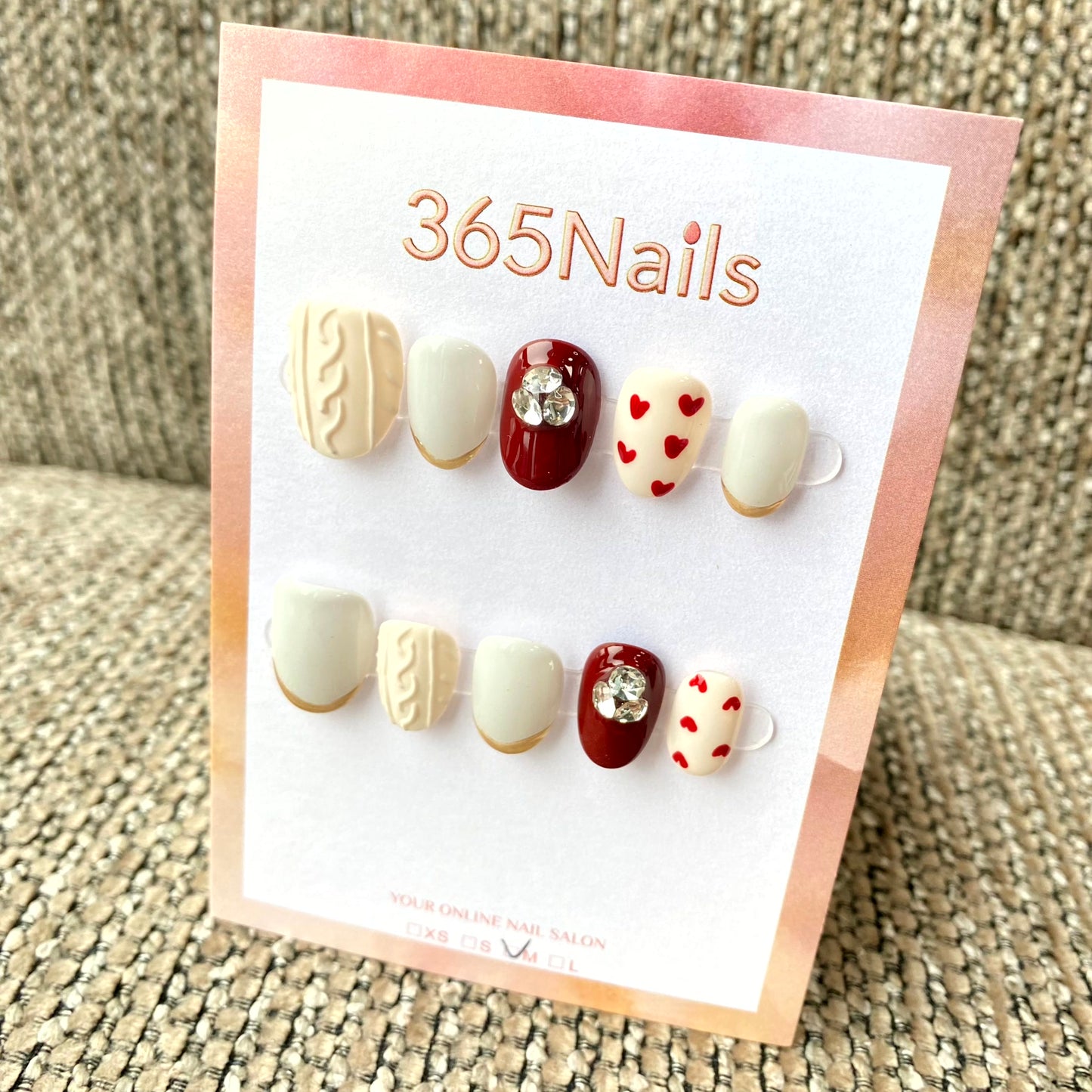 365nails: "Burgundy Romance" – 3D Knit Sweater & Red Heart Handmade Squoval Nails