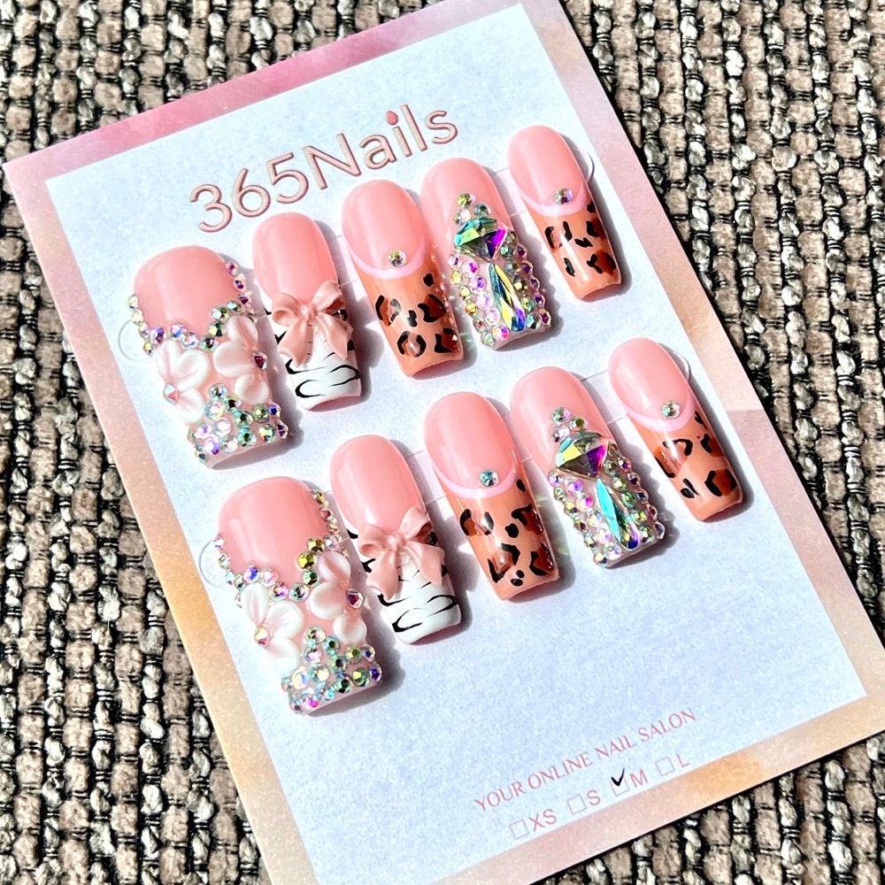 365nails: "Blush Leopard & Sparkle" – Handmade Medium Square Press-On Nails