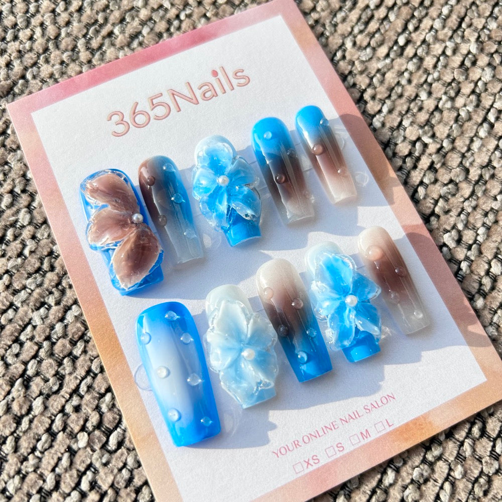 Sculpted Flora: "Azure Coast & Mocha" – 3D Jelly Flowers on Blue-Brown Gradient Coffin Nails with Dewdrops