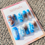 Sculpted Flora: "Azure Coast & Mocha" – 3D Jelly Flowers on Blue-Brown Gradient Coffin Nails with Dewdrops