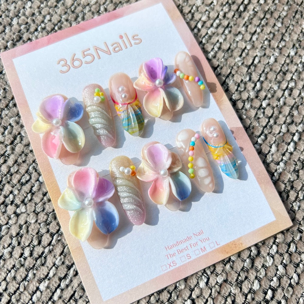 Sculpted Flora: "Rainbow Blossom" – 3D Colorful Floral & Textured Shell Long Coffin Nails