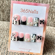 365nails 핑크 블랙 지브라 리본 숏 수제 사다리꼴형 프레스온 네일