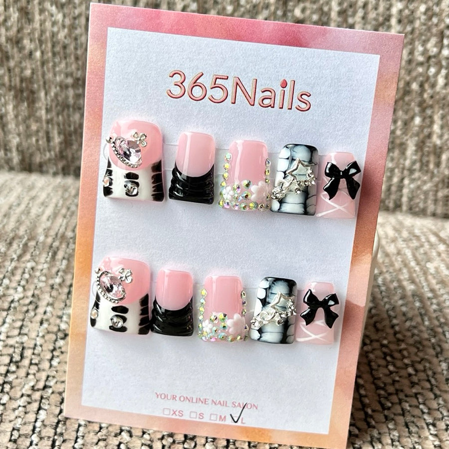 365nails 핑크 블랙 지브라 리본 숏 수제 사다리꼴형 프레스온 네일