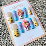 Sculpted Flora: "Wild Sunset Surf" – 3D Floral & Mixed Animal Print Textured Long Coffin Nails