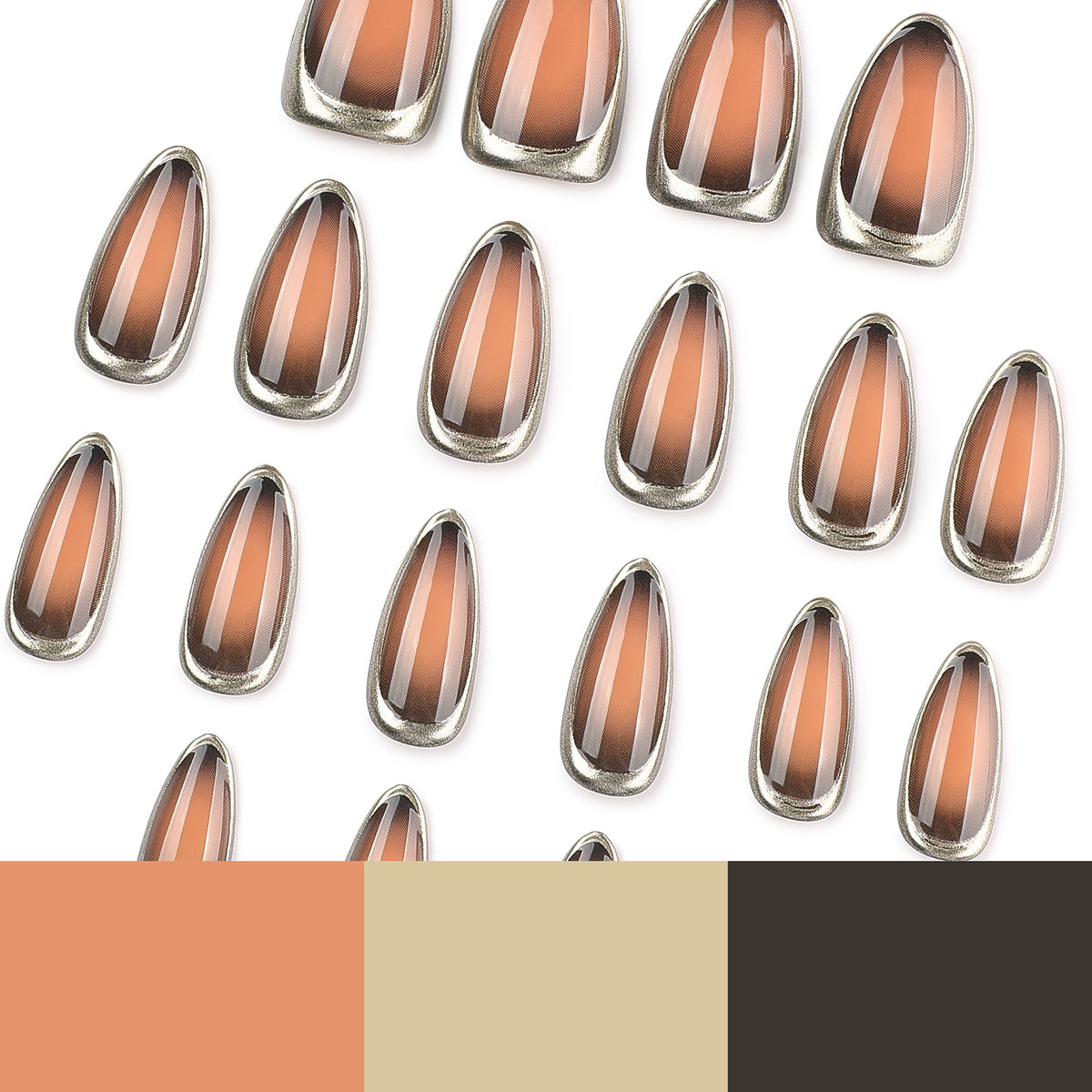 Scattered brown gradient almond nail tips with a color palette at the bottom.