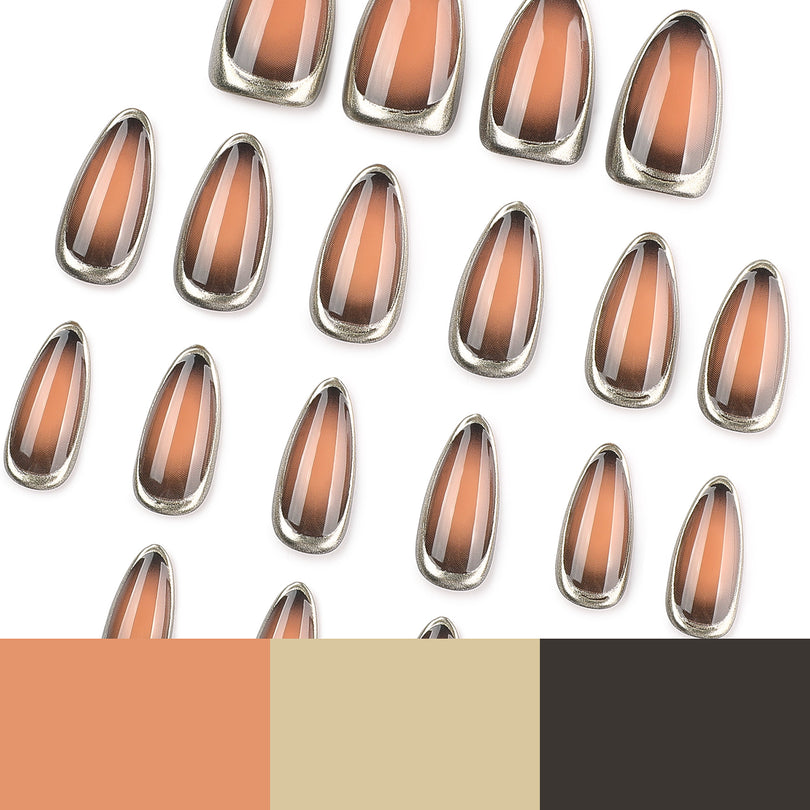 Scattered brown gradient almond nail tips with a color palette at the bottom.