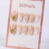 365nails nude pink shimmer with shell carving, gold edging and pearls almond press-onsSold in packs of 5. Minimum order: 1 pack (5 pcs). Quantity = number of packs. Qty 1 = 5 pcs