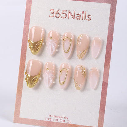 365nails nude pink shimmer with shell carving, gold edging and pearls almond press-ons