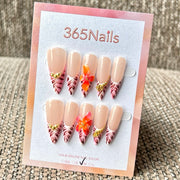 365nails 트로피컬 블룸 프렌치 — 손으로 그린 플라워·지브라 프렌치 스틸레토형 네일