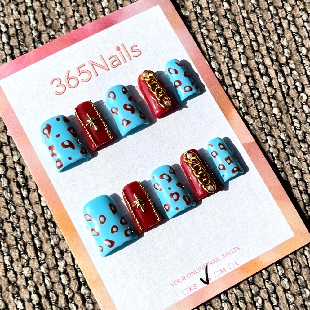 365nails: 와일드 럭셔리 – 3D 골드 체인 & 레오파드 프린트 수제 스퀘어형 네일