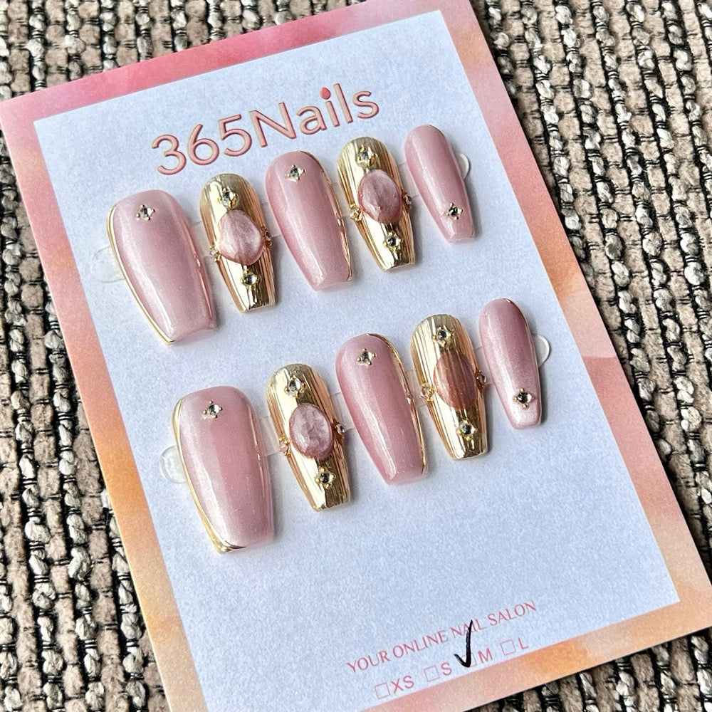 365nails: "Blush Opulence" – Gemstone & Gold Foil Handmade Short Square Nails