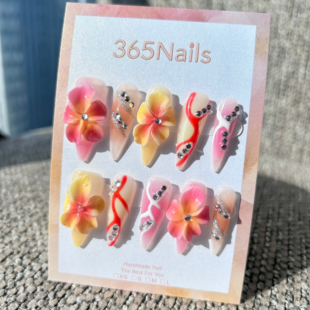 Sculpted Flora: "Tropical Sunset Cocktail" – 3D Pink & Yellow Hibiscus with Abstract Swirls Stiletto Nails
