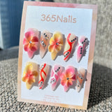 Sculpted Flora: "Tropical Sunset Cocktail" – 3D Pink & Yellow Hibiscus with Abstract Swirls Stiletto Nails